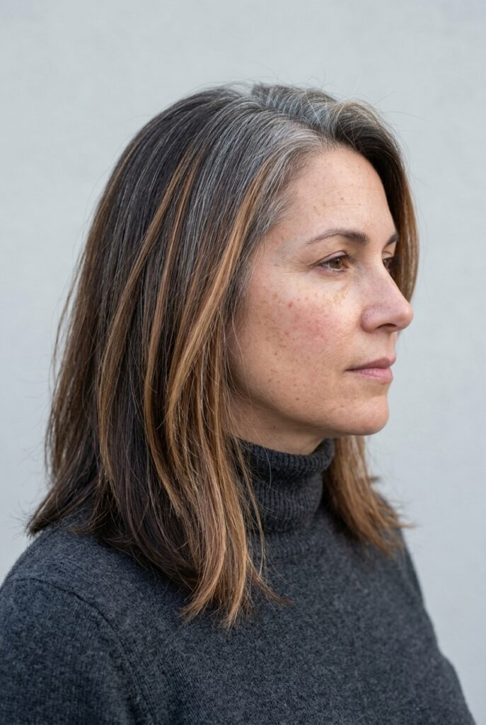 Caramel balayage blending with gray hair