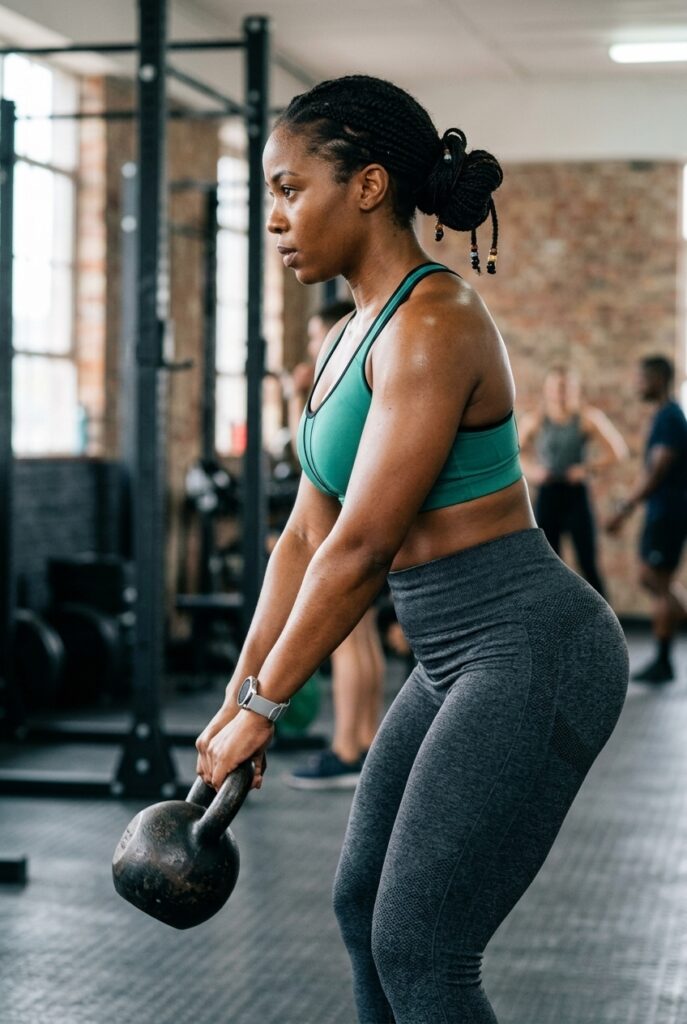 Central African woman performing a kettlebell swing at the gym
