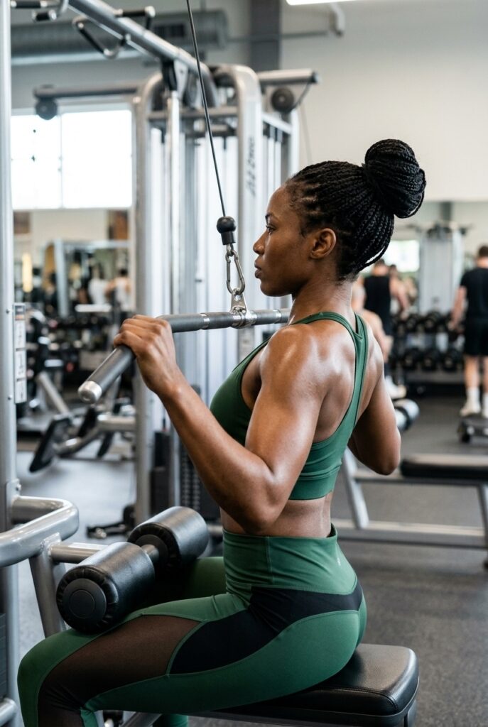 Chadian woman performing a lat pull-down on a cable machine at the gym