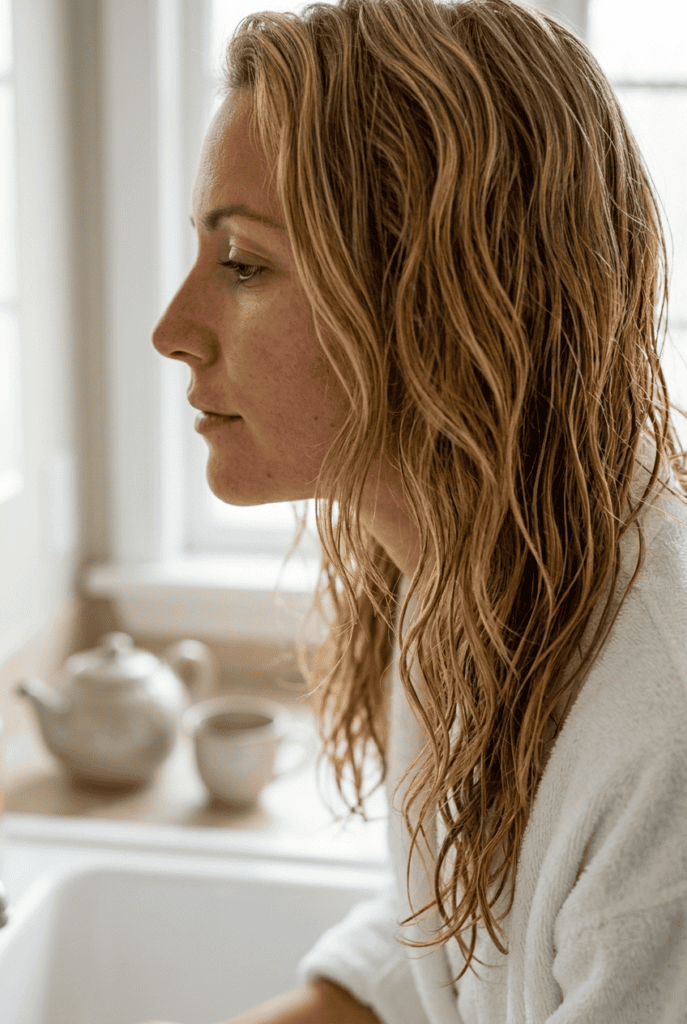 Chamomile Tea Rinses for Golden Warmth Damp blonde hair with warm golden tone after a chamomile rinse