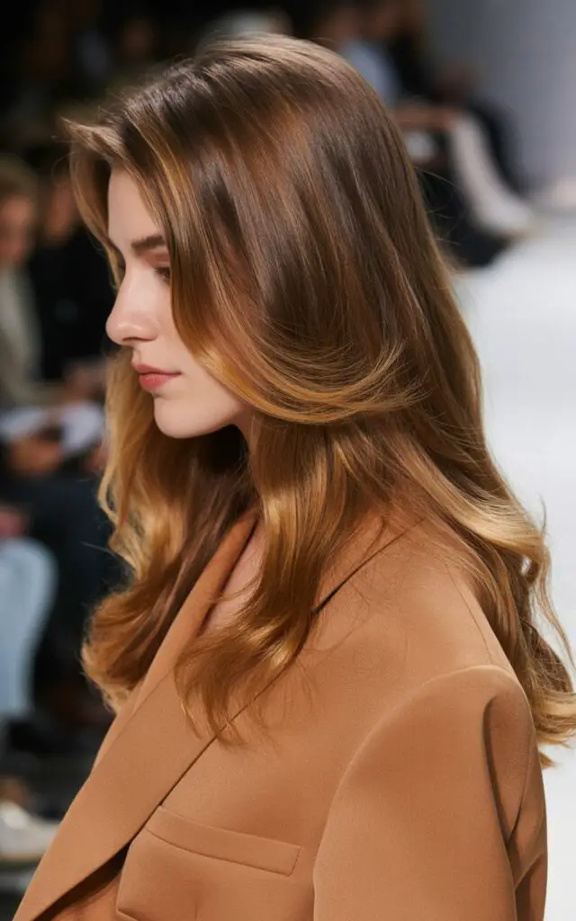 Chestnut and Toffee hair highlights with natural medium brown and warm golden toffee dimension