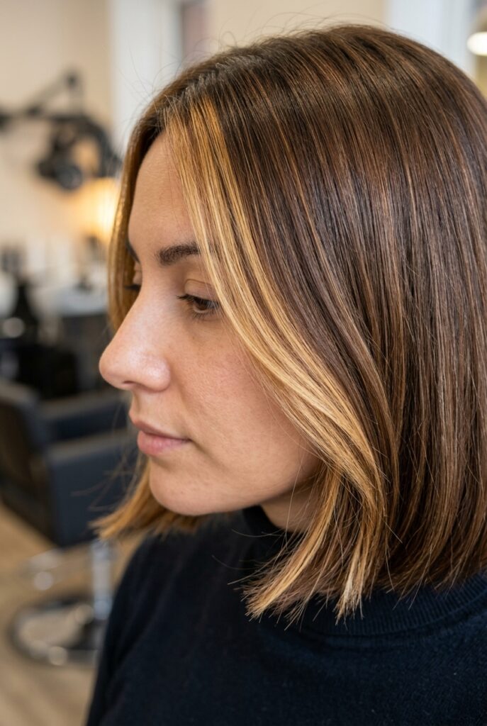Chestnut hair with bright asymmetrical face framing highlights