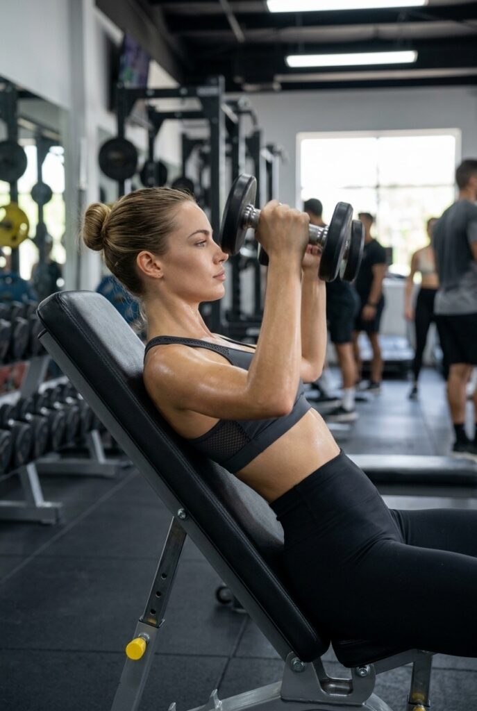 Chilean woman performing an incline dumbbell press at the gym