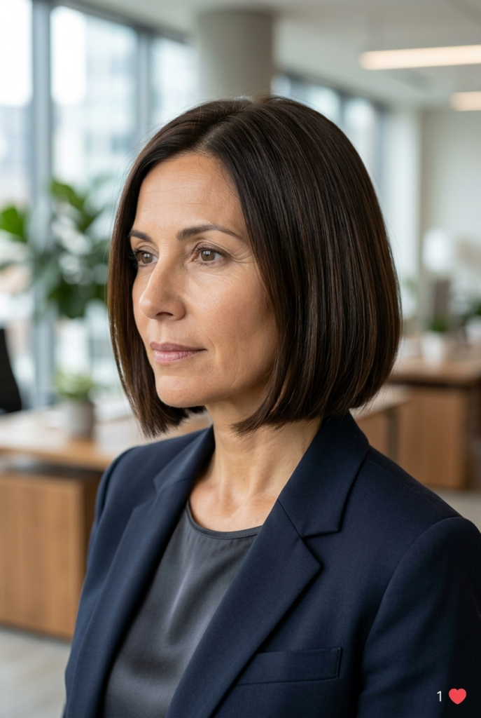 Mature woman with sleek chin length straight bob