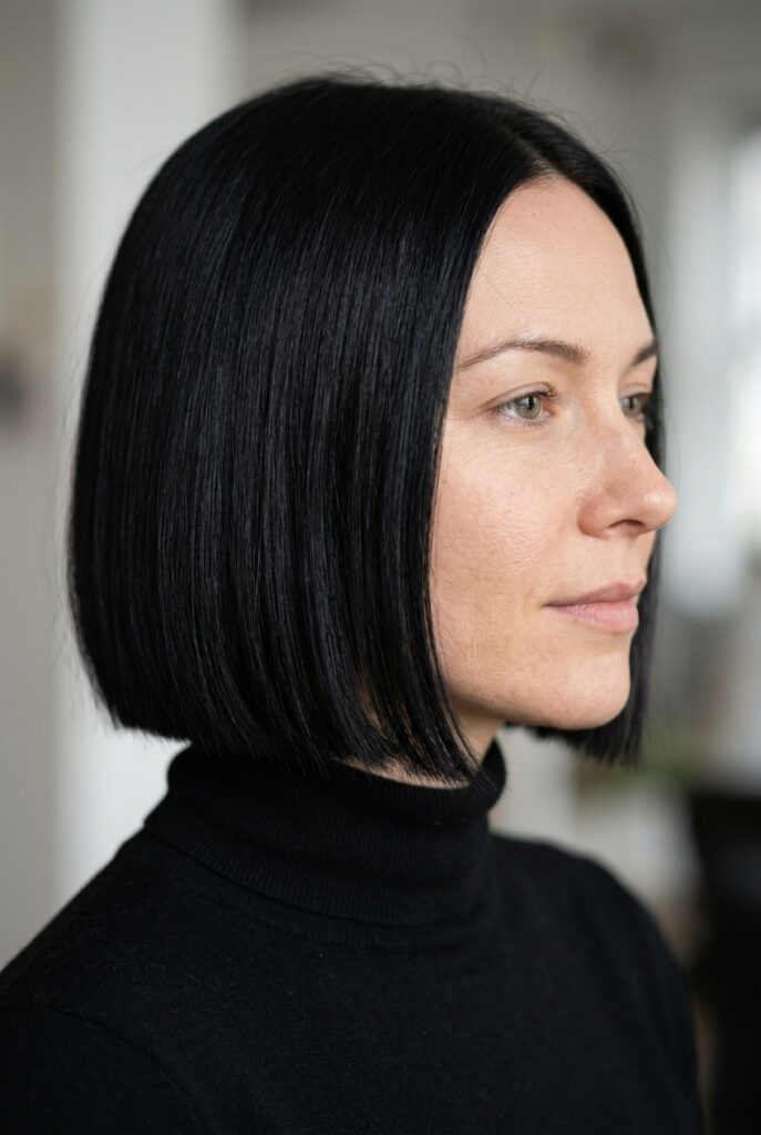 Chin length blunt bob with a sharp straight cut line