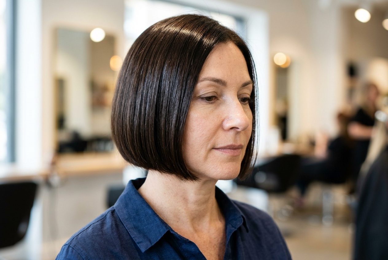 Chin length bob haircut on a woman over 50