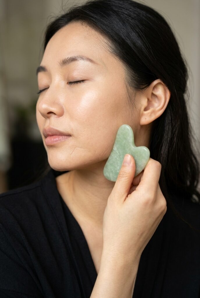 Chinese woman in her 30s using a gua sha jade tool for facial massage