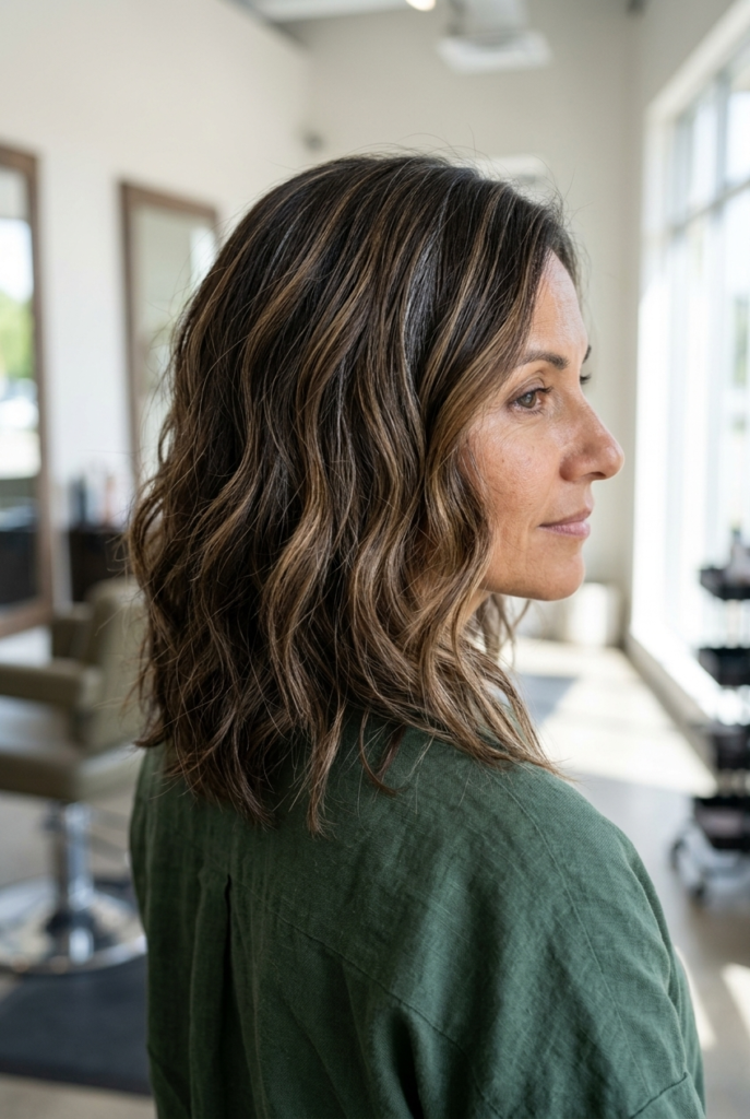 Soft foilyage highlights blending naturally with gray hair