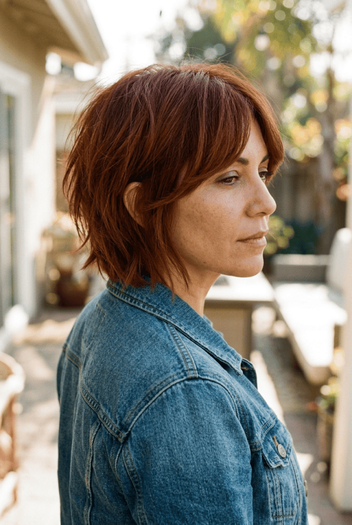 Woman with choppy shag haircut and curtain bangs