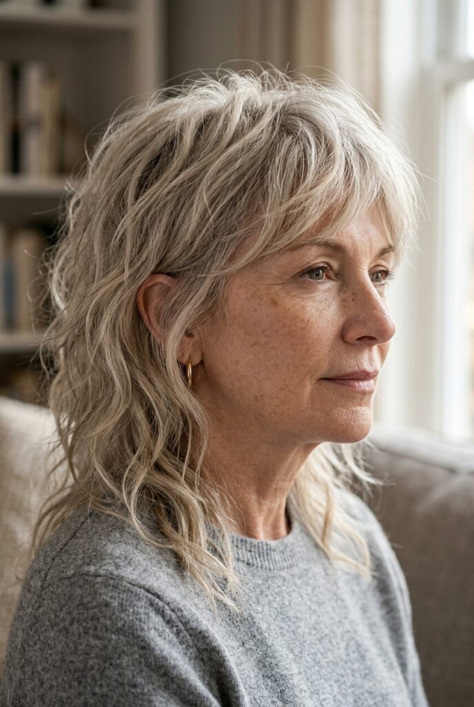 Choppy layered shag haircut with volume for a younger look