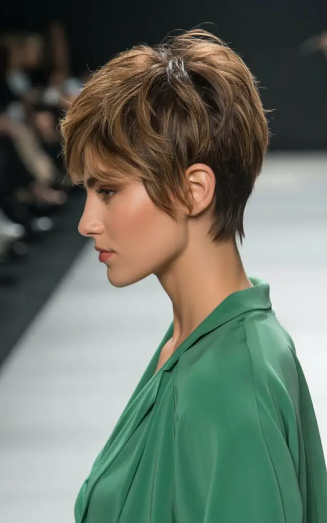 Choppy textured Pixie Cut with volume at crown to look younger and create youthful appearance, casual outfit with emerald green color