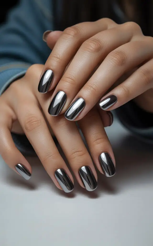 Full closeup to female hands with chrome metallic nails featuring mirror-like reflective finish, shiny silver metallic surface catching light, trendy high-shine manicure, dramatic and eye-catching style.