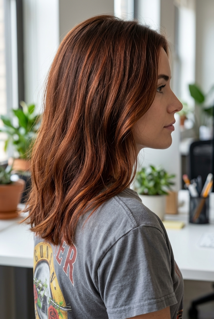 Woman with cinnamon brunette hair wearing a graphic t-shirt in an office