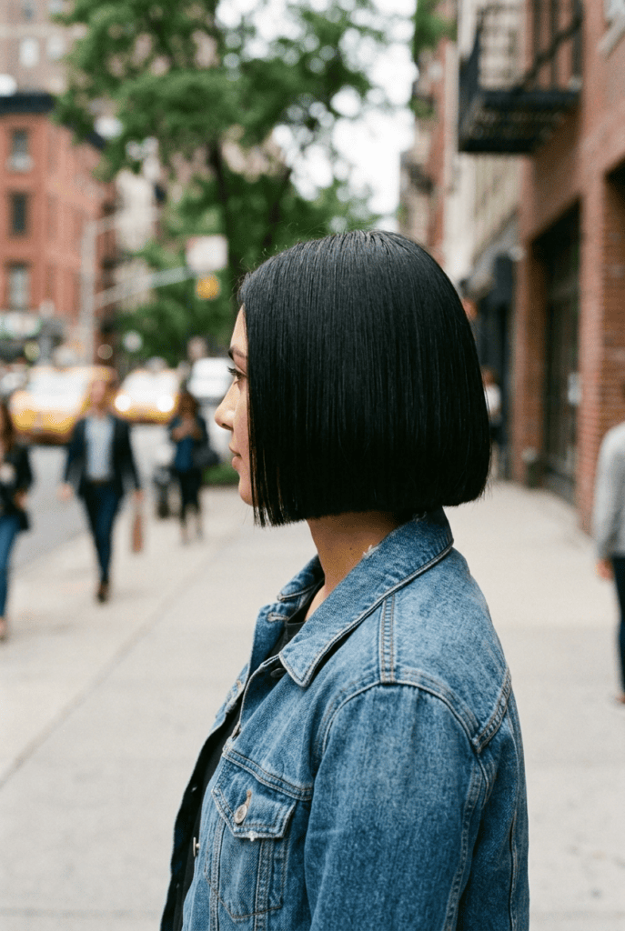 Woman with a chin length blunt bob haircut viewed from the side