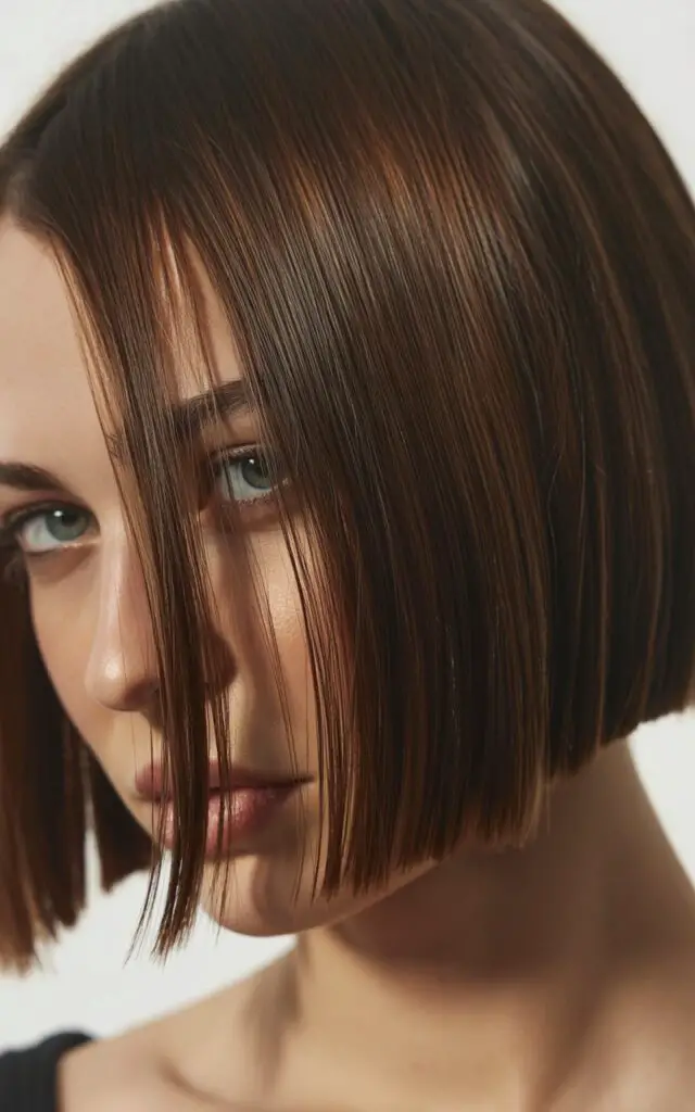 Classic Blunt Bob haircut at jawline length showing Volume and Thickness with sharp blunt edges