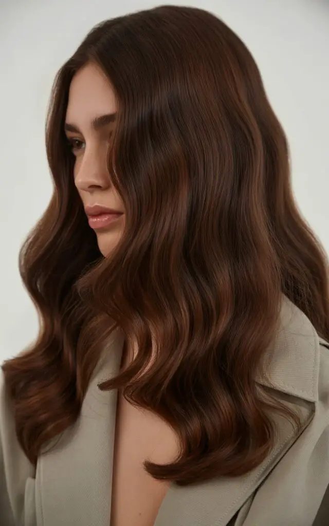 A high-fashion portrait photograph of a female
model showcasing rich, classic dark chocolate brown hair in a full close-up side profile view.