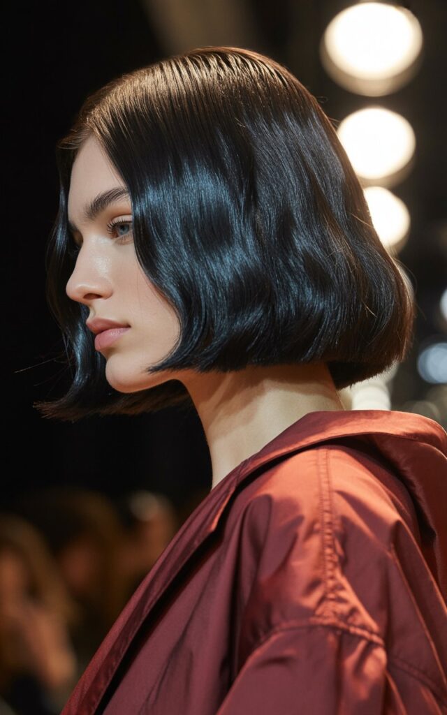 classic jet black pure cool-toned hair with sleek high-contrast glossy finish