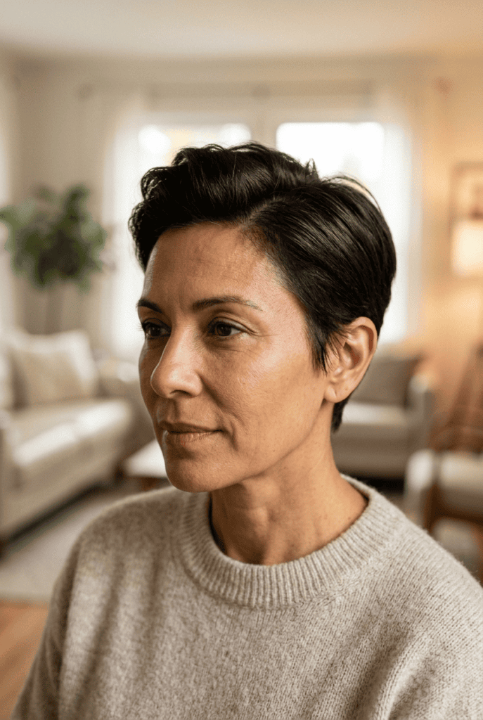 Classic pixie haircut cropped close at sides with lift on top