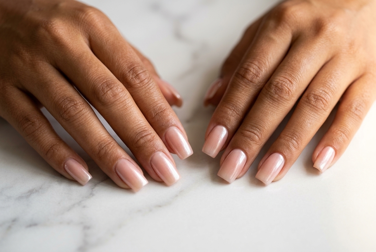 Close-up of a Guatemalan woman's hands with square nail designs in nude-rose ombre and chrome finish on a marble surface