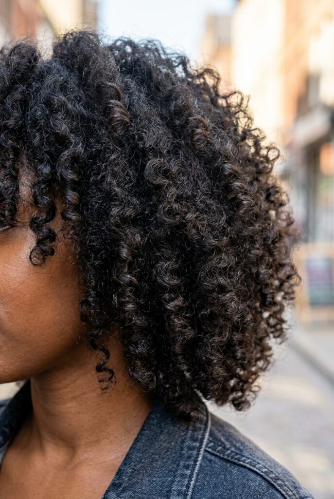 Close up of bouncy defined curls cut in shaped layers