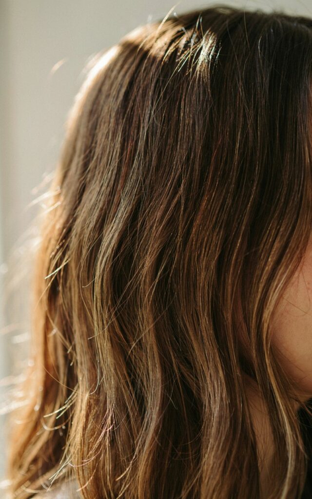 Close-up of dark brown wavy hair with subtle caramel highlights