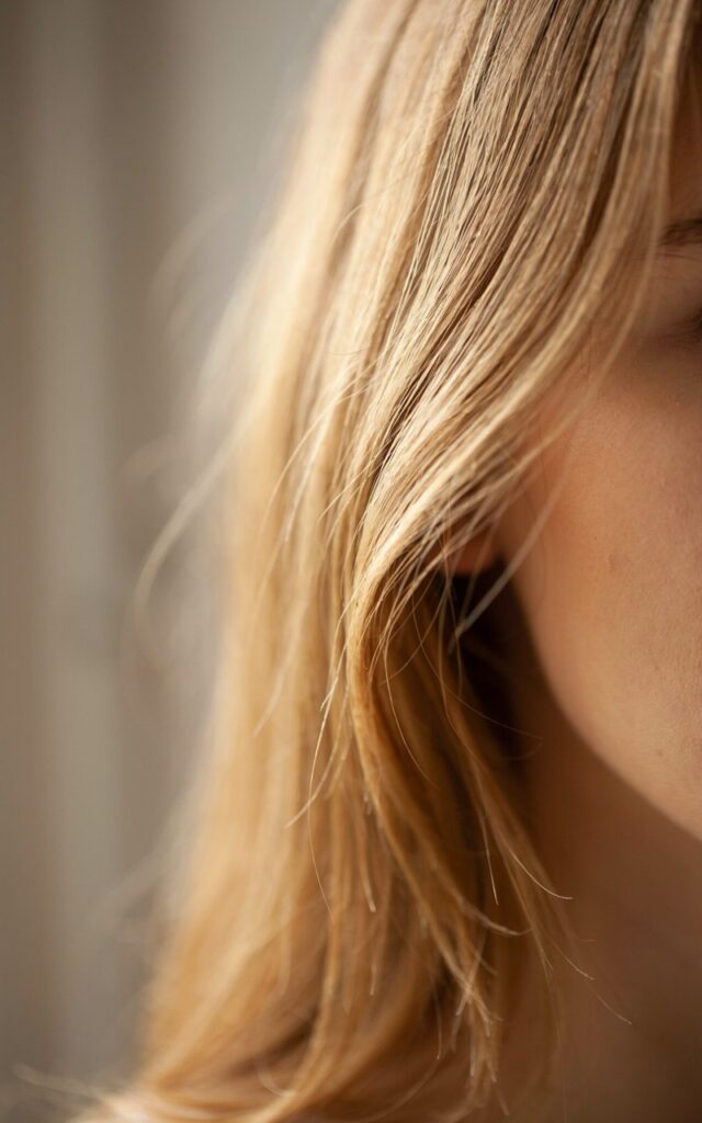 Close-up of golden blonde hair with soft highlights framing the face