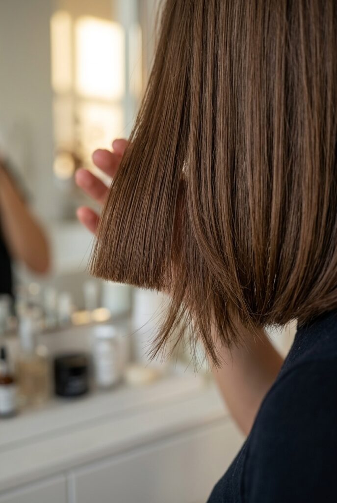 Close up of hair ends showing sharp blunt cut edge next to softly textured point cut layers