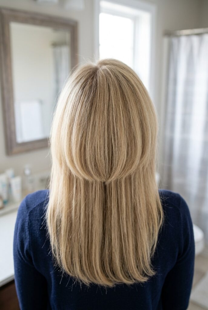 Close up of hairstyle showing short layered crown with volume and longer length below