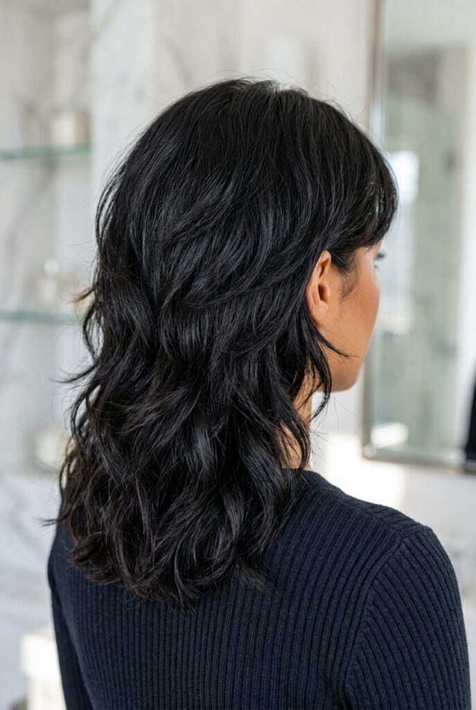 Close up of layered haircut with shorter face framing layers blending into longer nape length