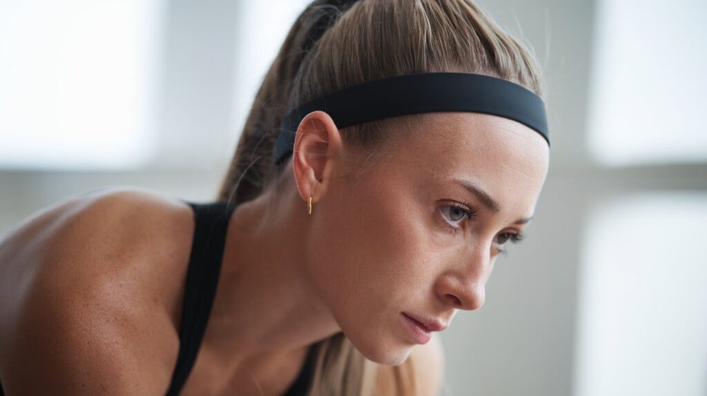 Close-up of woman wearing thin black non-slip silicone headband during Pilates