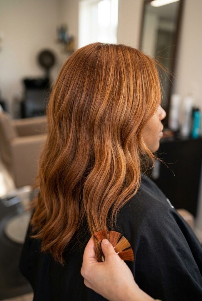 Closeup of copper toned hair against warm skin undertone