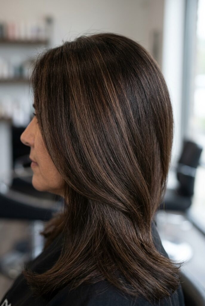 Closeup of dark hair with soft low contrast highlights and lowlights