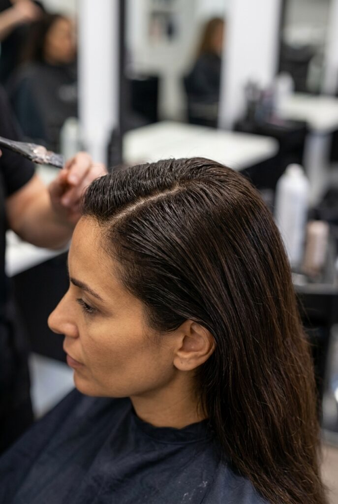 Closeup of fresh root touch up hair color application