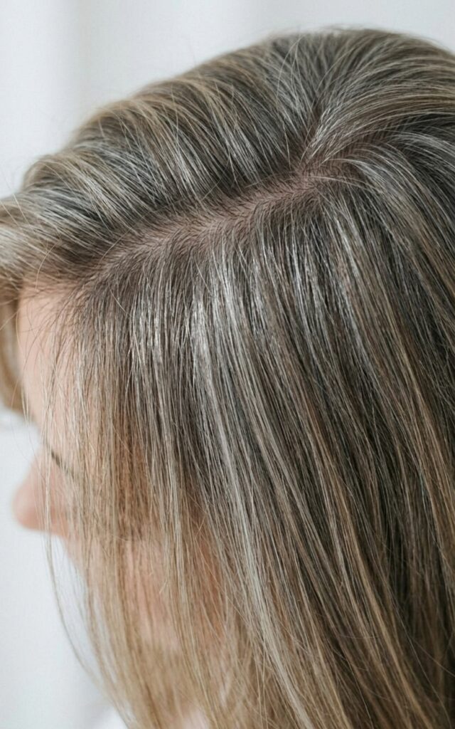 Closeup of gray blended hair with soft babylights at the roots
