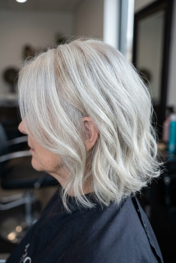 Closeup of toned silver white hair with soft warm lowlights