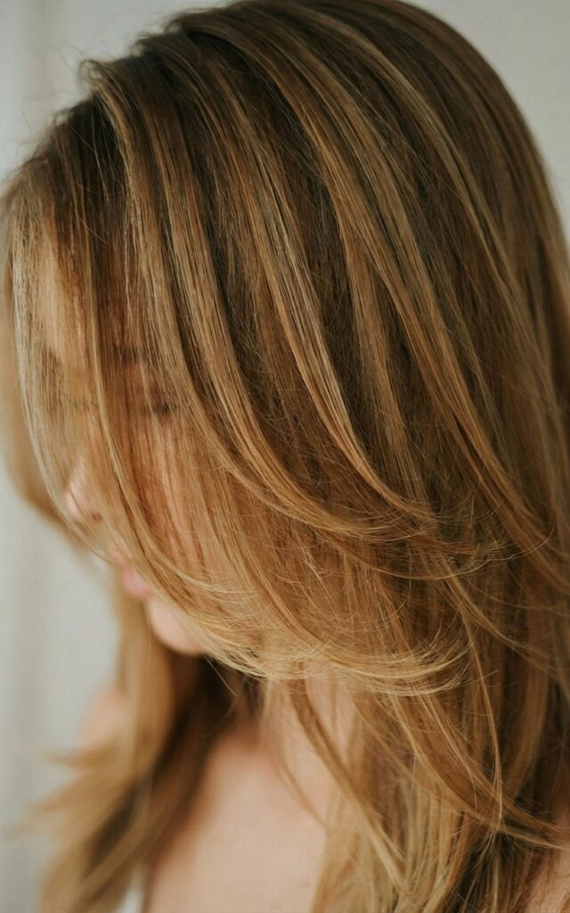 Closeup of warm honey blonde hair with dimensional lowlights