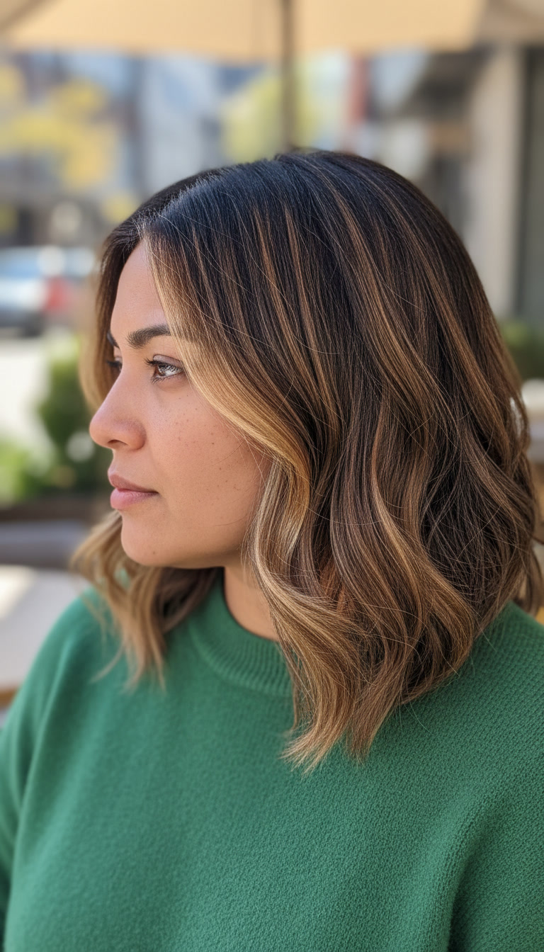 Collarbone-length hair with face-framing highlights
