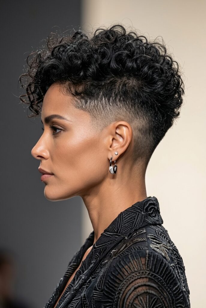 Colombian fashion parade female model over 40 with a soft fade undercut hairstyle