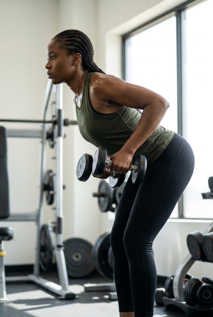 Congolese woman performing a dumbbell bent-over row at the gym