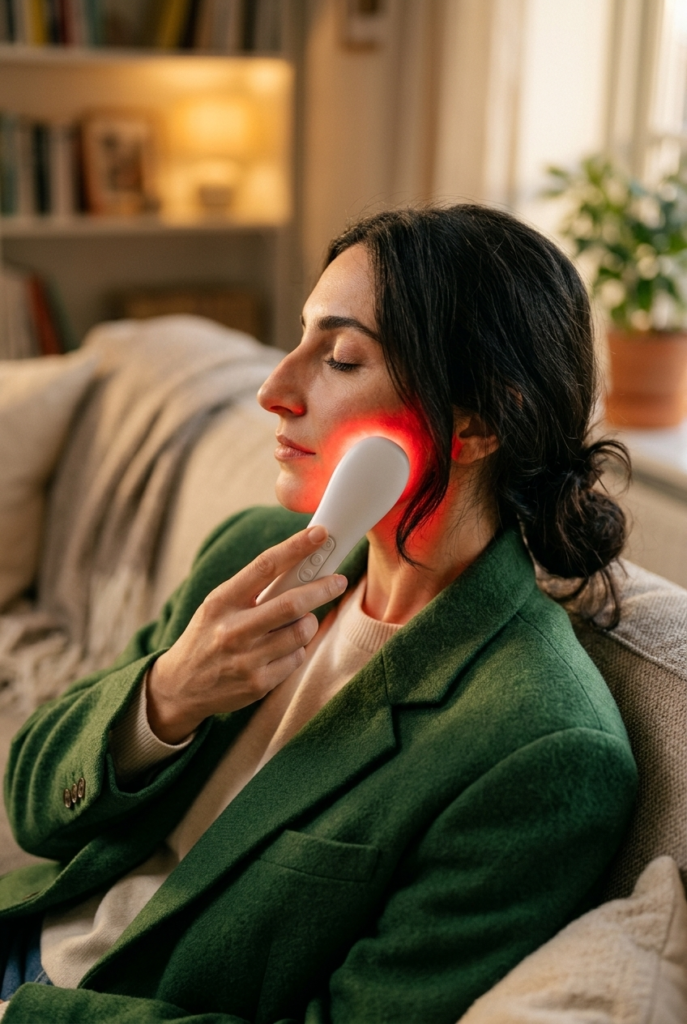 Consider At-Home Red and Blue LED Therapy Woman using an LED light therapy device on her cheek at home wearing an oversized blazer