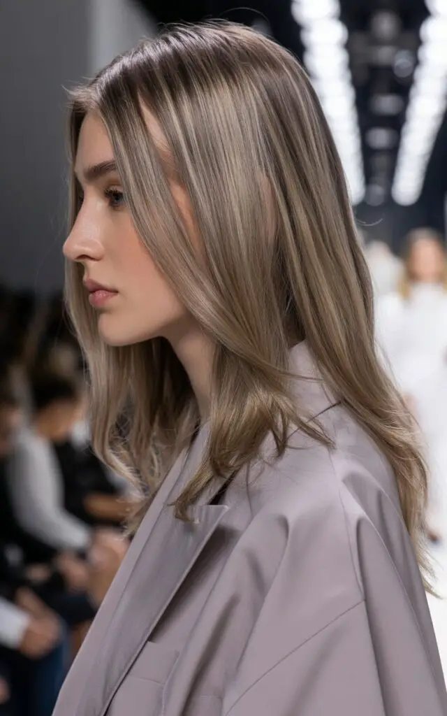 Cool Ash Bronde hair with beige and taupe tones without warmth or brassiness creating sophisticated look