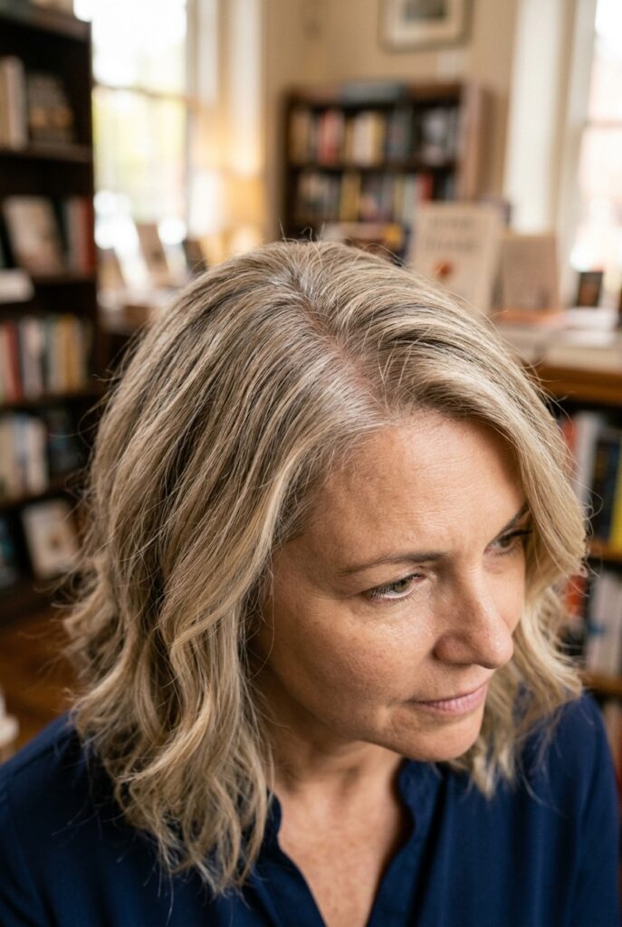 Cool beige blonde with early gray blending