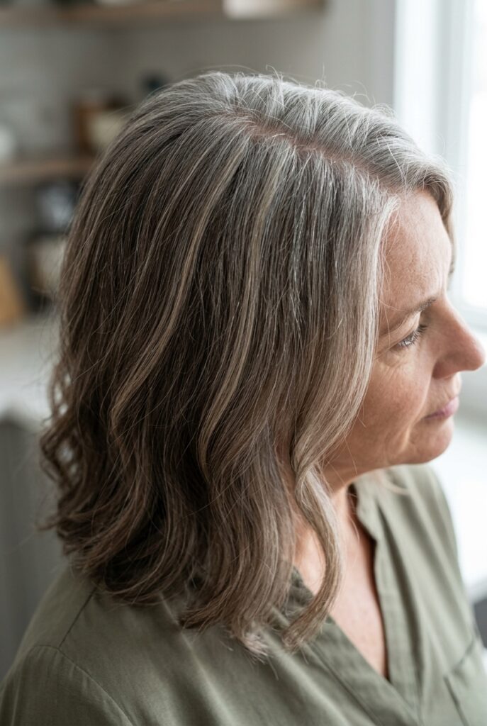 Cool mocha hair with blended silver roots