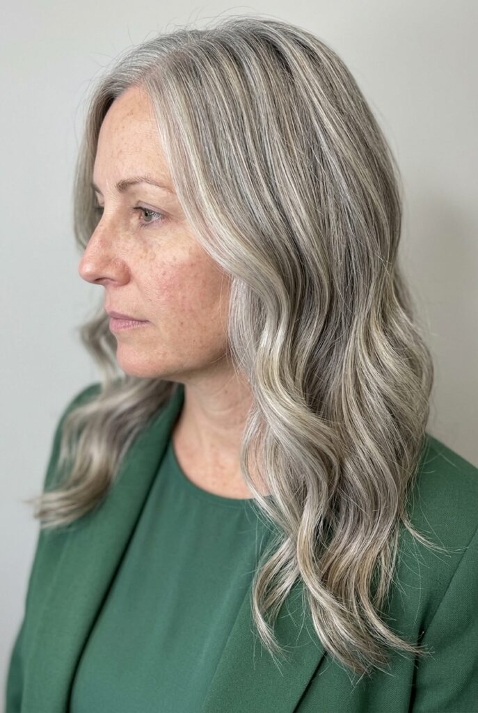 Cool-toned blonde highlights blending with gray hair