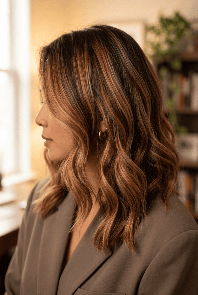 Copper and Caramel Highlights Warm copper and caramel highlights in brunette hair