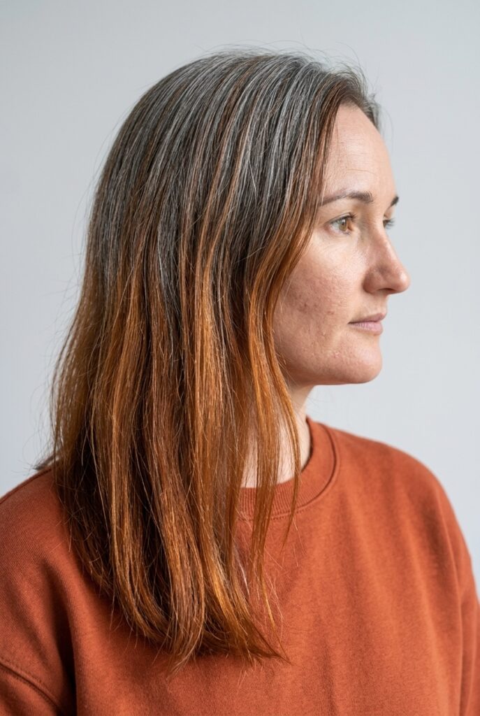Copper auburn hair blending with gray