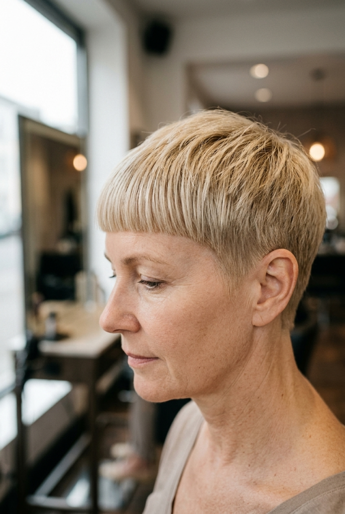 Mature woman with cropped haircut and blunt fringe