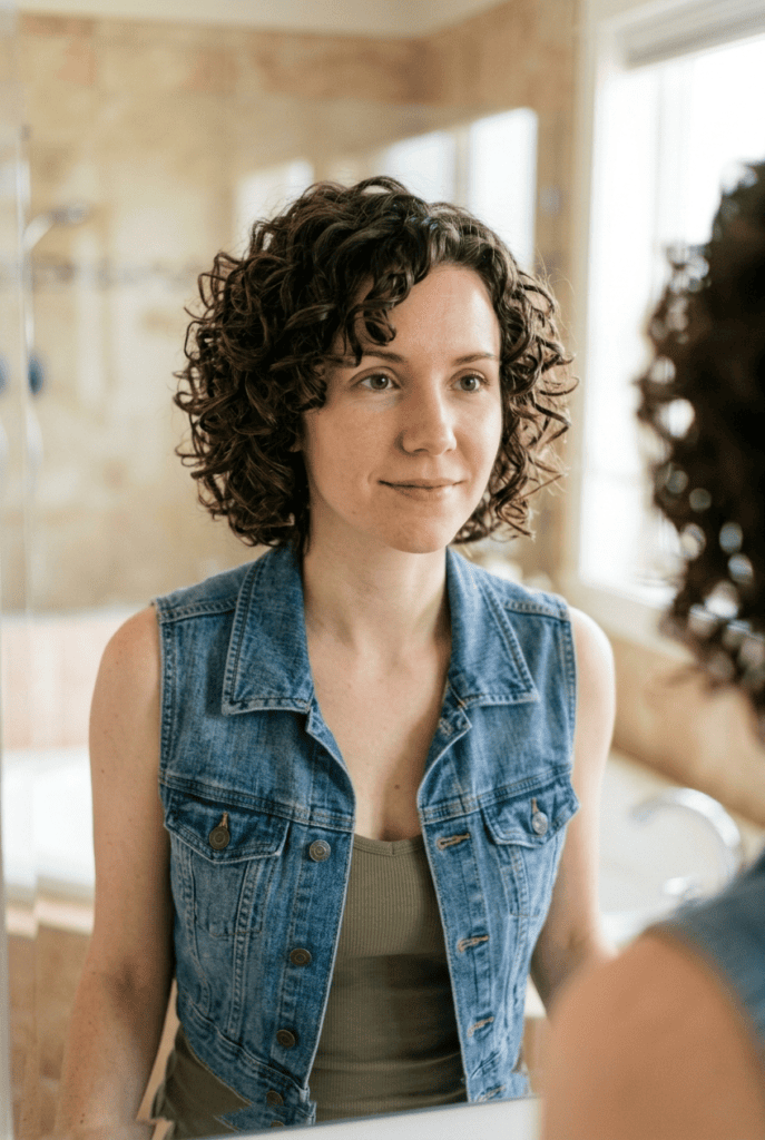 Woman with curly bob haircut showing defined bouncy curls