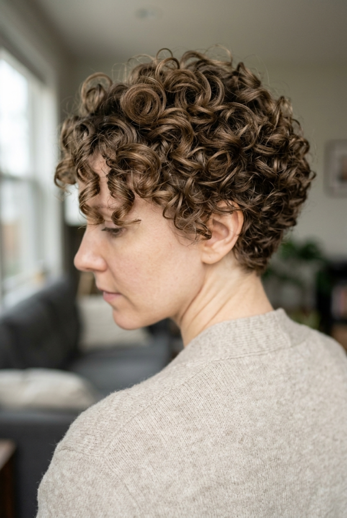 Curly Pixie Woman with curly pixie haircut showing natural curl pattern