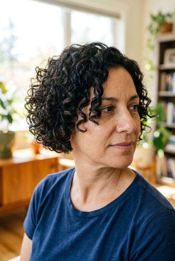 Curly ear length bob haircut on a woman over 50